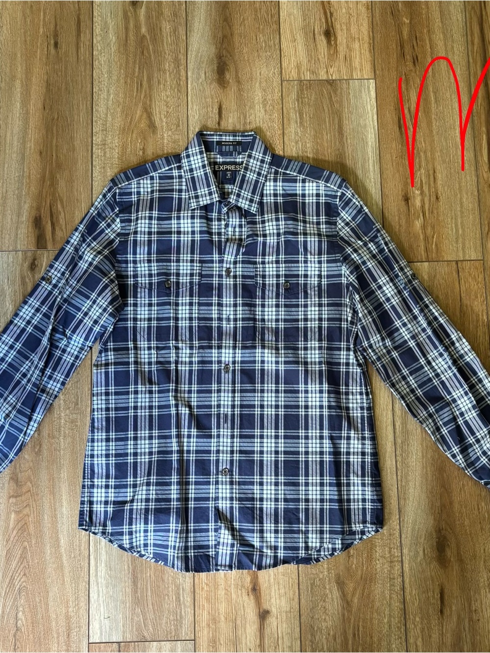 Express Men’s Navy and White Plaid Button-Down Shirt